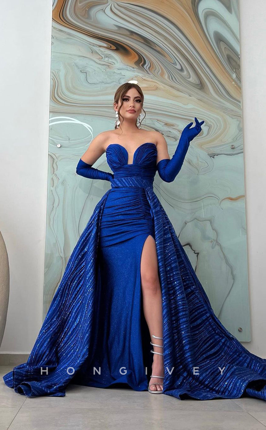 L1005 - Sparkly Sleeves With Train And Slit And Overskirt  Evening Prom Formal Party Dress - Fashionpara