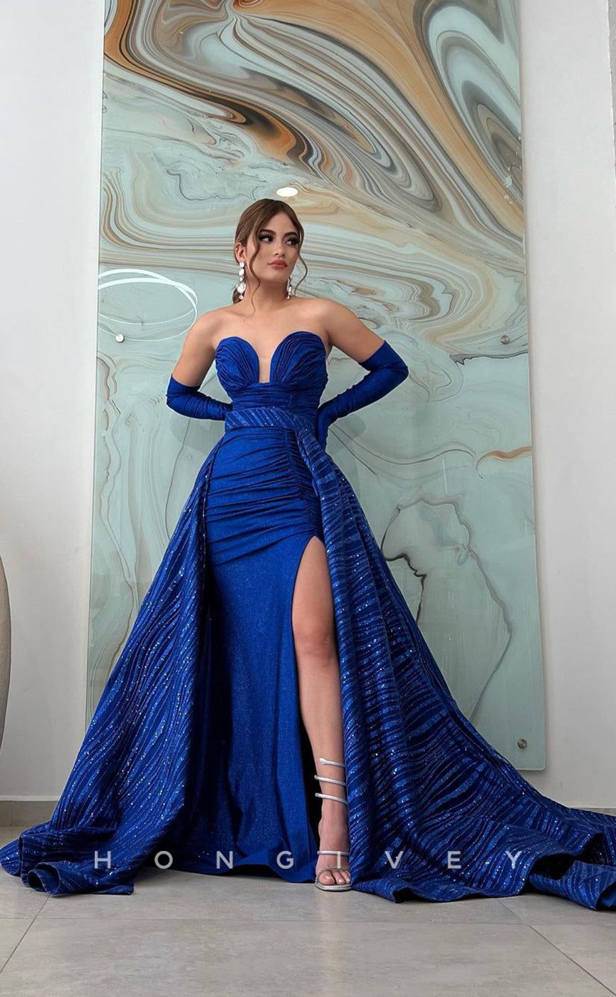 L1005 - Sparkly Sleeves With Train And Slit And Overskirt  Evening Prom Formal Party Dress - Fashionpara