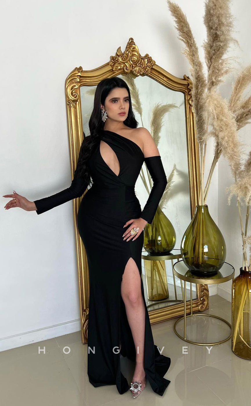 L1006 - Asymmetrical Sleeves Cutout With Train And Slit Evening Prom Formal Party Dress - Fashionpara