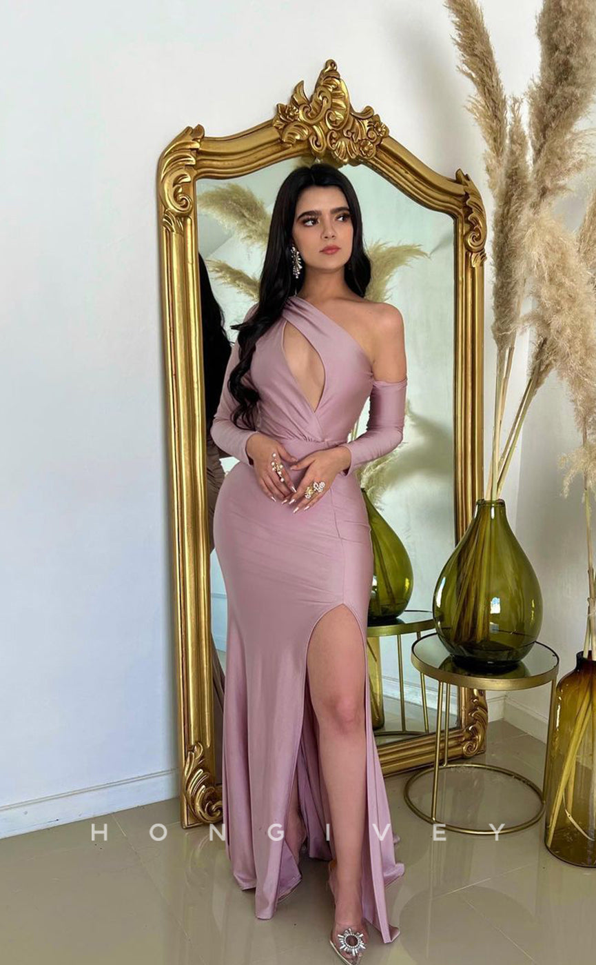L1008 - Asymmetrical Sleeves Cutout With Train And Slit Evening Prom Formal Party Dress - Fashionpara