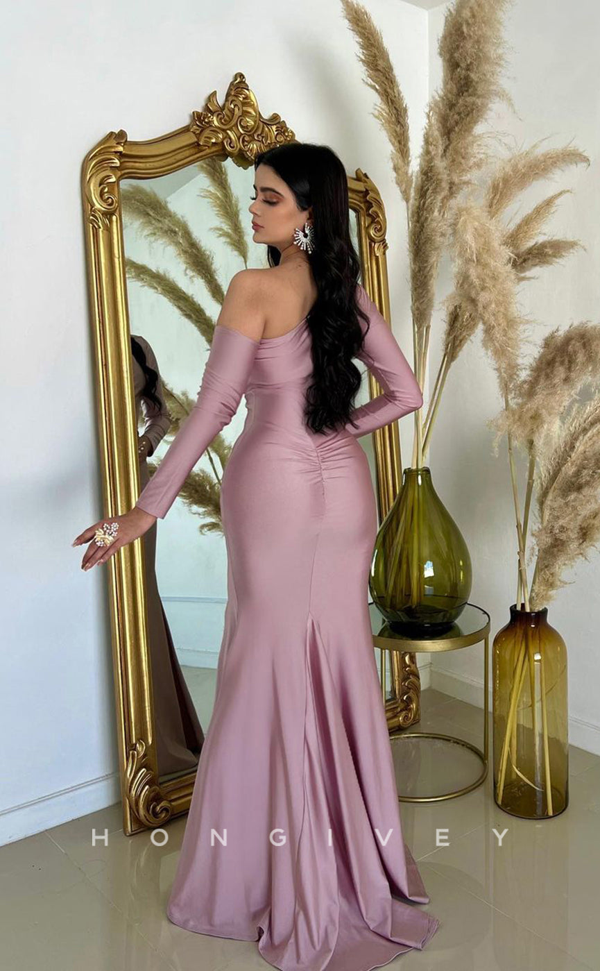 L1008 - Asymmetrical Sleeves Cutout With Train And Slit Evening Prom Formal Party Dress - Fashionpara
