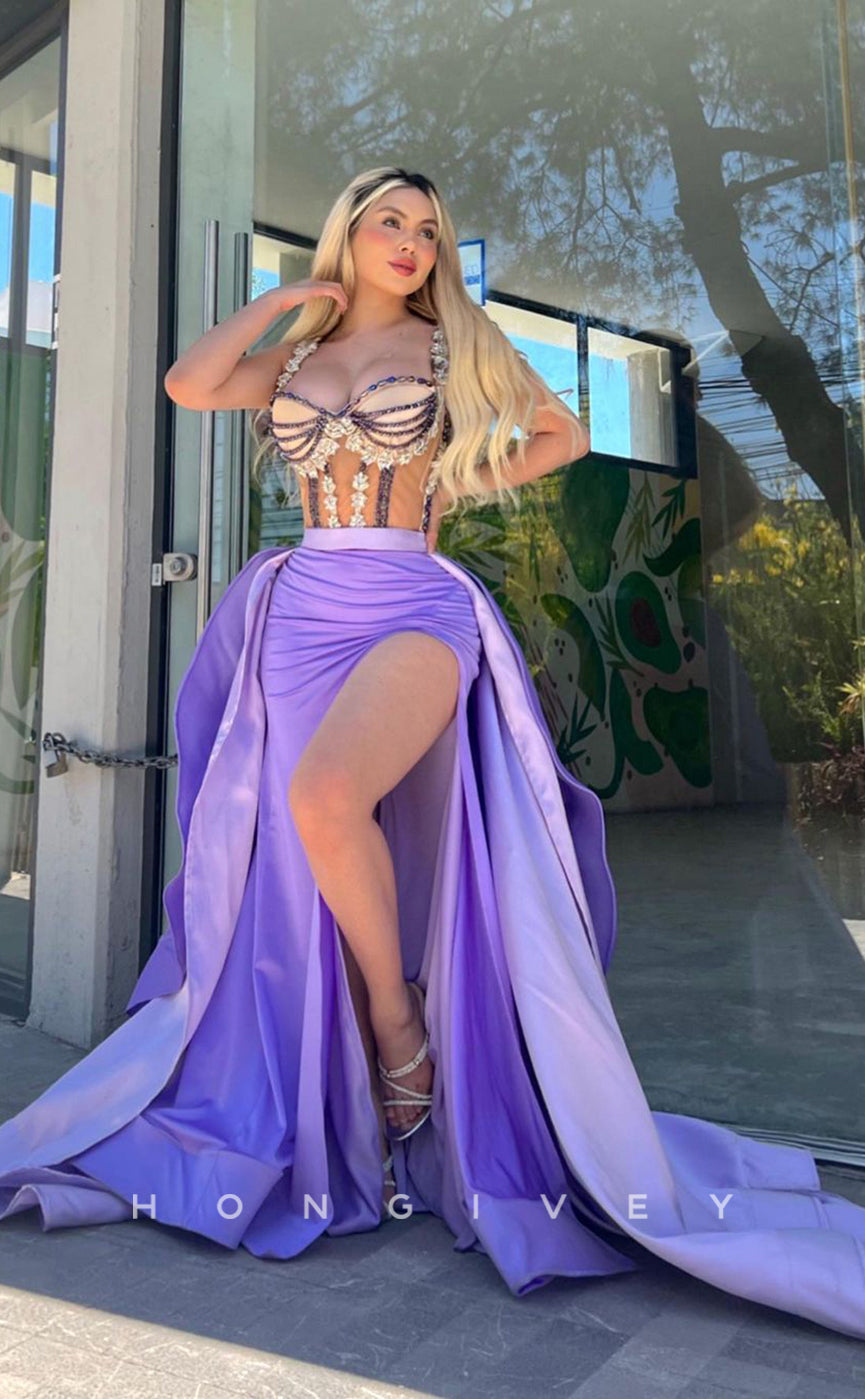L1009 - Ornate Crystal Beaded Illusion With Train And Slit Evening Prom Formal Party Dress - Fashionpara