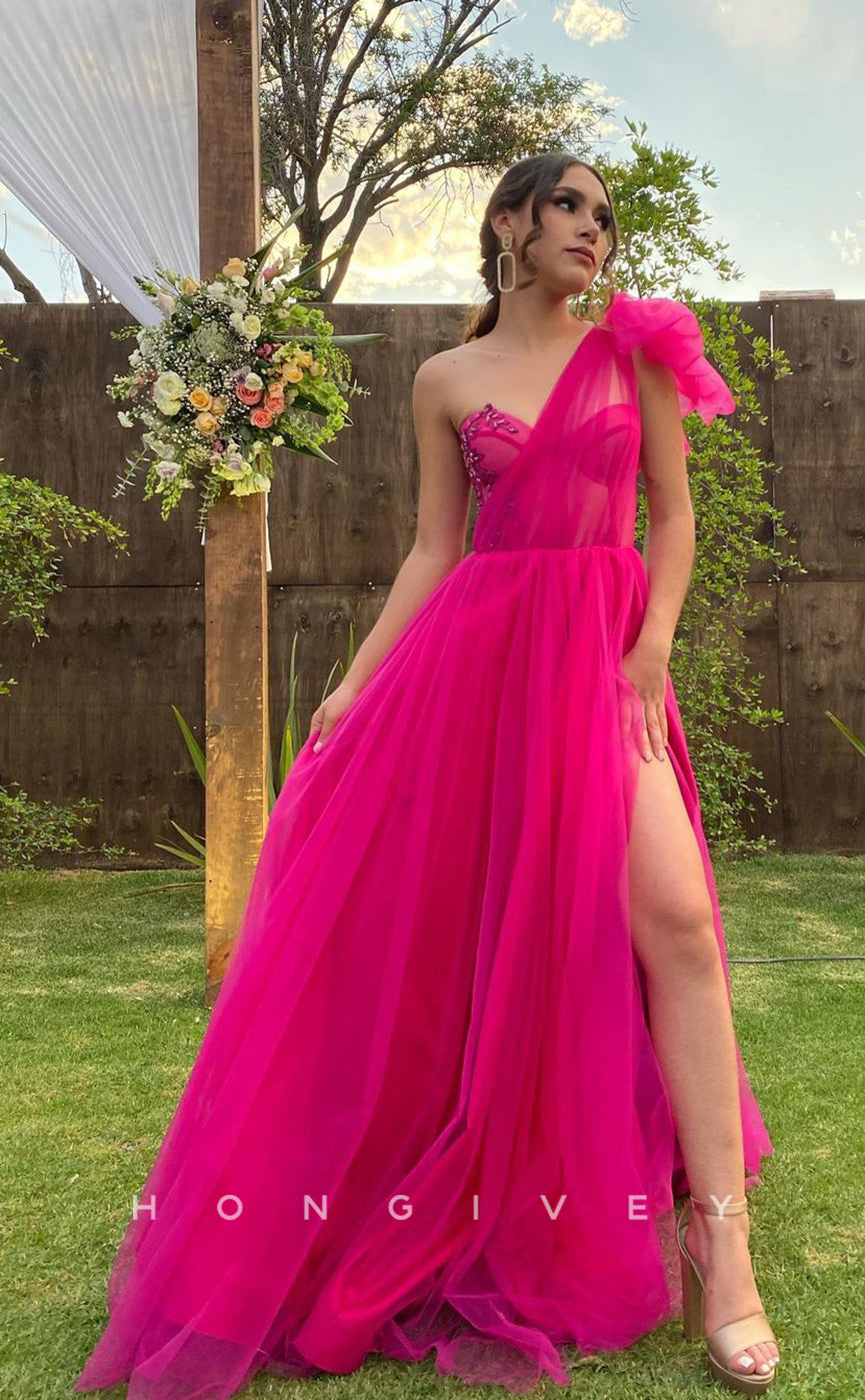 L1012 - Crystal Beaded One Shoulder Illusion With Train And Slit Formal Party Prom Evening Dress - Fashionpara