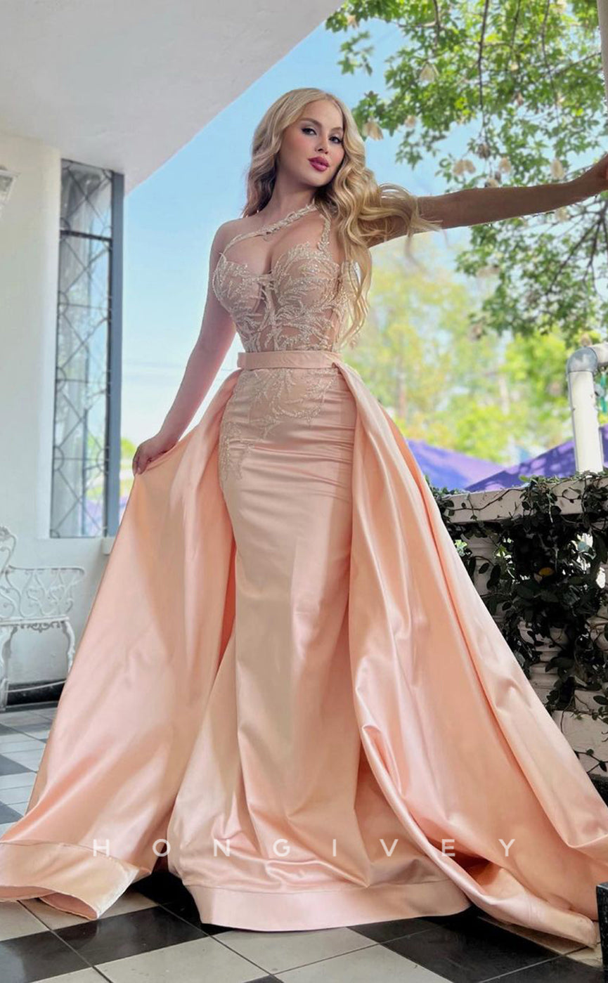 L1015 -Couture Lace Applique Illusion With Train Formal Party Prom Evening Dress - Fashionpara