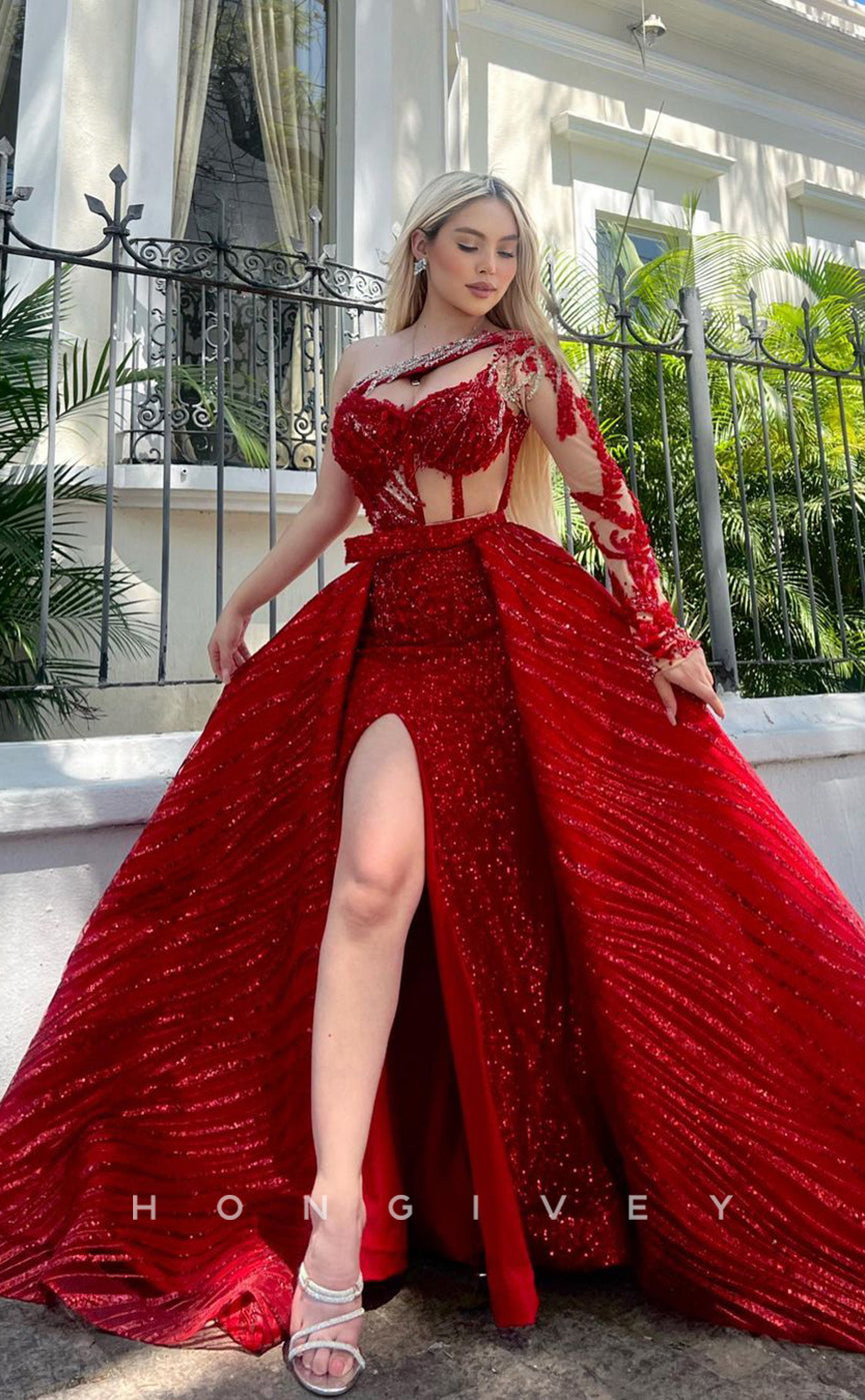 L1016 - Sparkly Rhinestone Asymmtrical Sleeve Illusion With Train And Slit Formal Party Prom Evening Dress - Fashionpara
