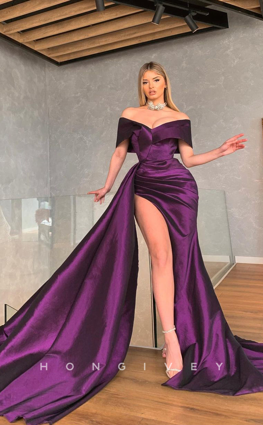 L0922 - High Slit With Sweep Train Ruched Satin Off-Shoulder V-Neck Evening Prom Party Dress - Fashionpara