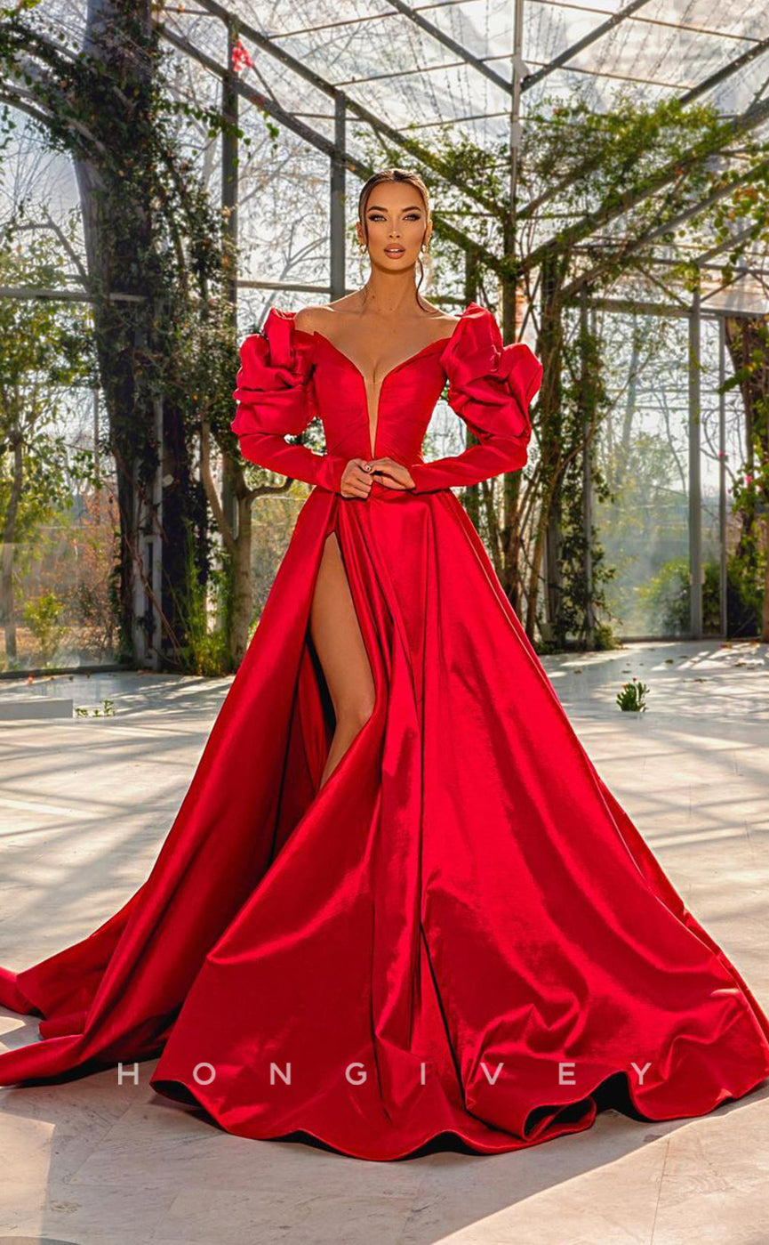 L0926 - Sheer Ballgown V-Neck Trumpet Puff Sleeves With Train  And High Slit Evening Party Prom Dress - Fashionpara