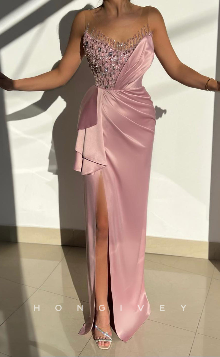 L0940 -  Sheer Sparkly Sequins Crystal Beaded Evening Party Prom Dress - Fashionpara