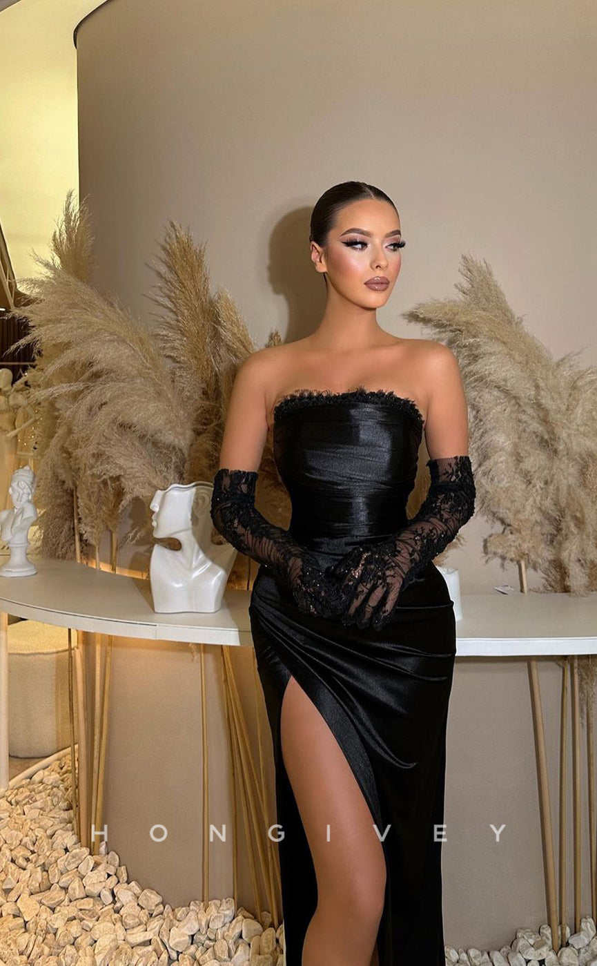 L0958 - Lace Sleeveless High Slit With Train Evening Party Prom Dress - Fashionpara