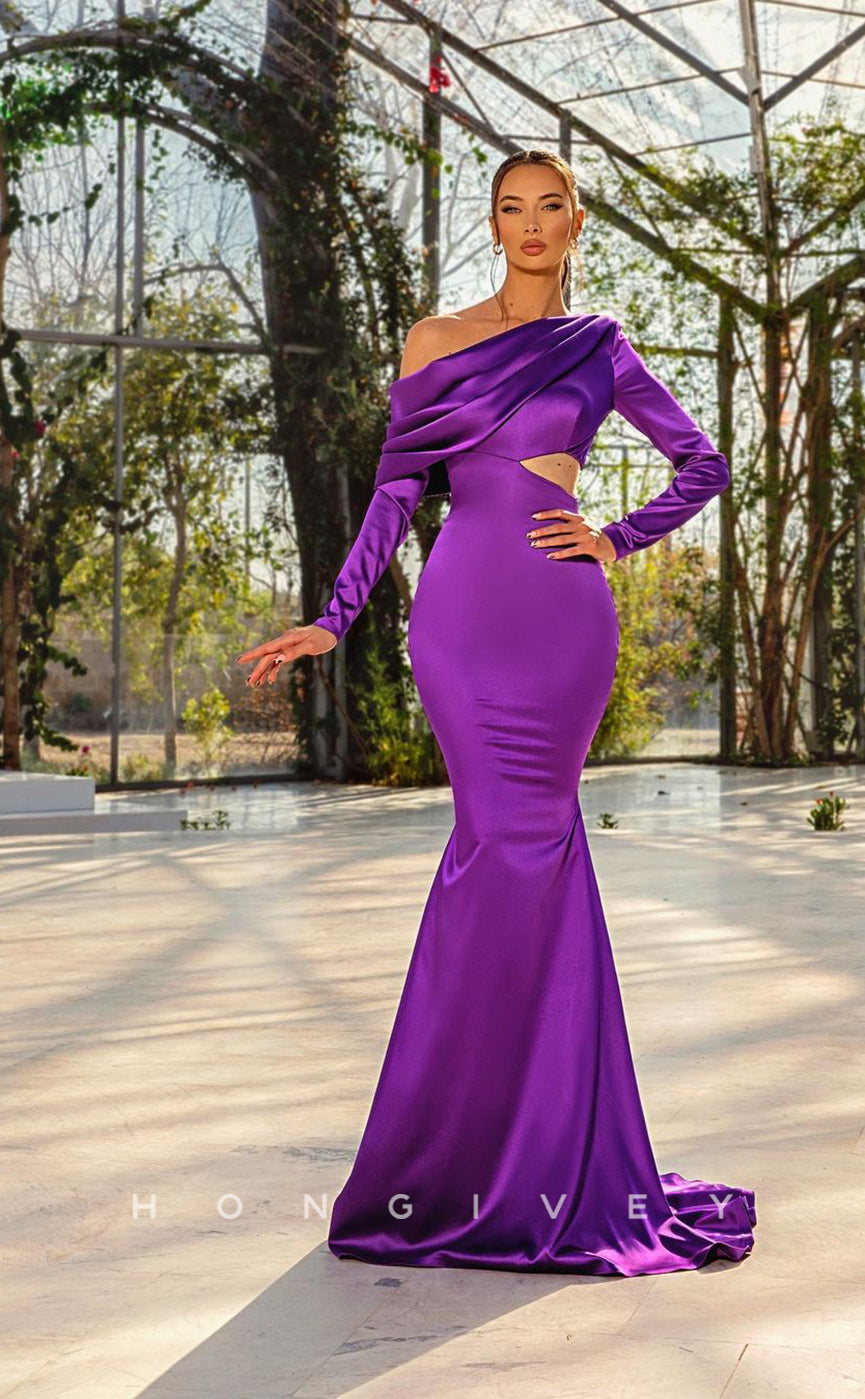 L0986 - Couture Asymmetrical Long Sleeve Mermaid Cutout With Train PromEvening Party Formal Dress - Fashionpara