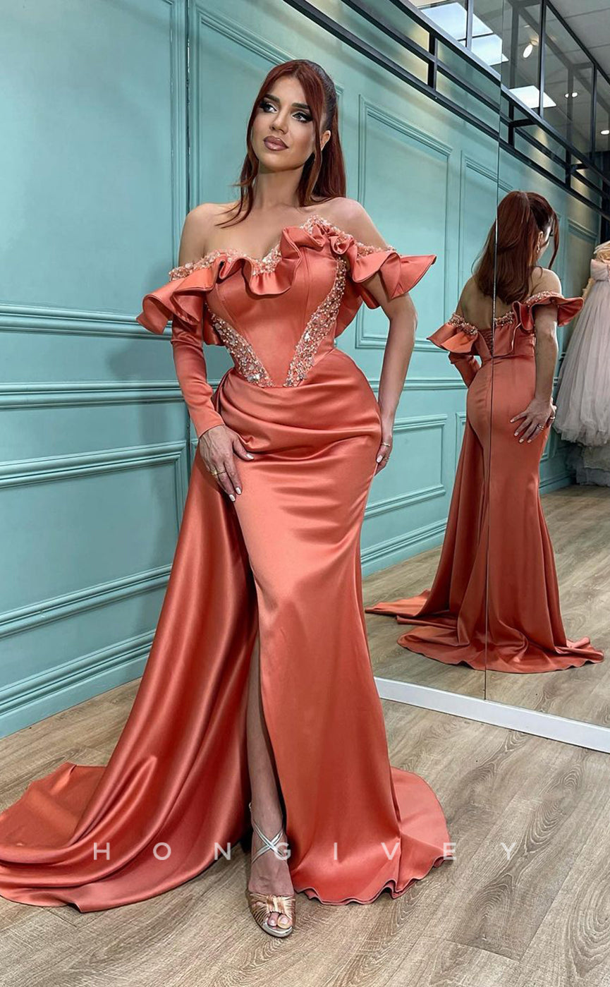 L0989 - Ornate Ruffled Sequined Embellished With Train And Slit Prom Evening Party Formal Dress - Fashionpara