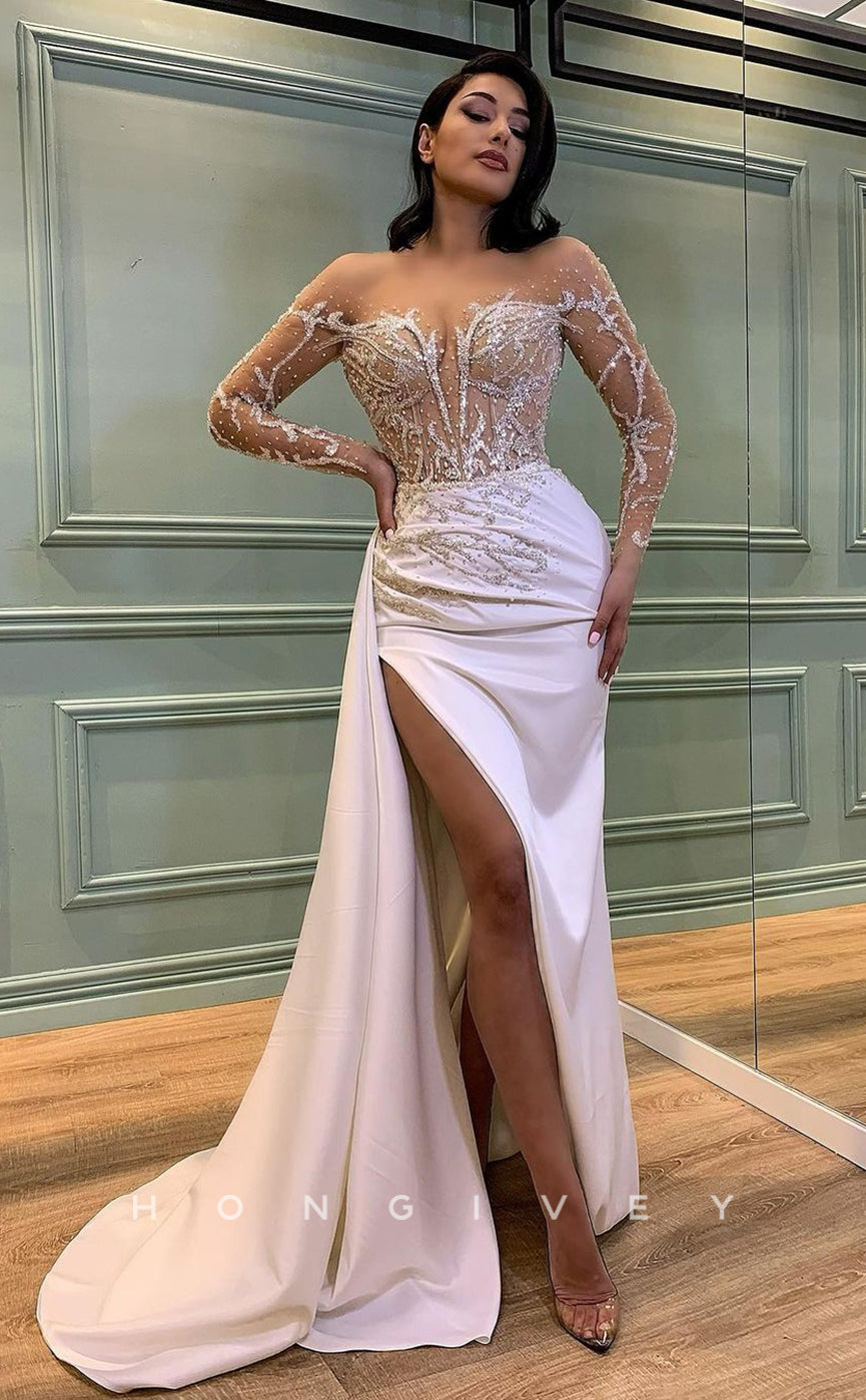 L0992 - Sparkly Ornate Crystal Beaded Illusion With Train And Slit Prom Evening Party Formal Dress - Fashionpara