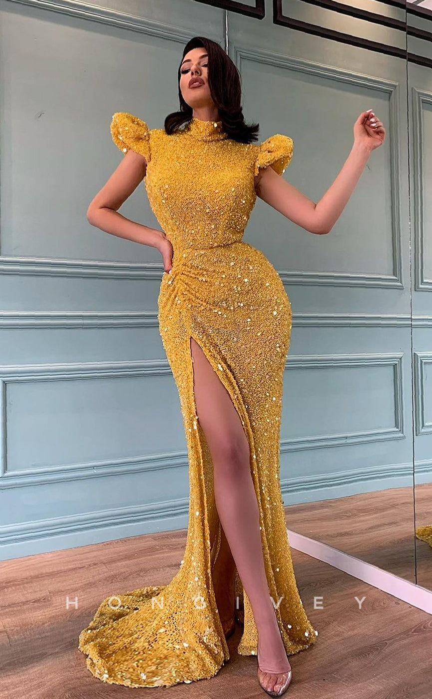 L0993 - Sparkly Fully Sequined Halter With Train And Slit Prom Evening Party Formal Dress - Fashionpara