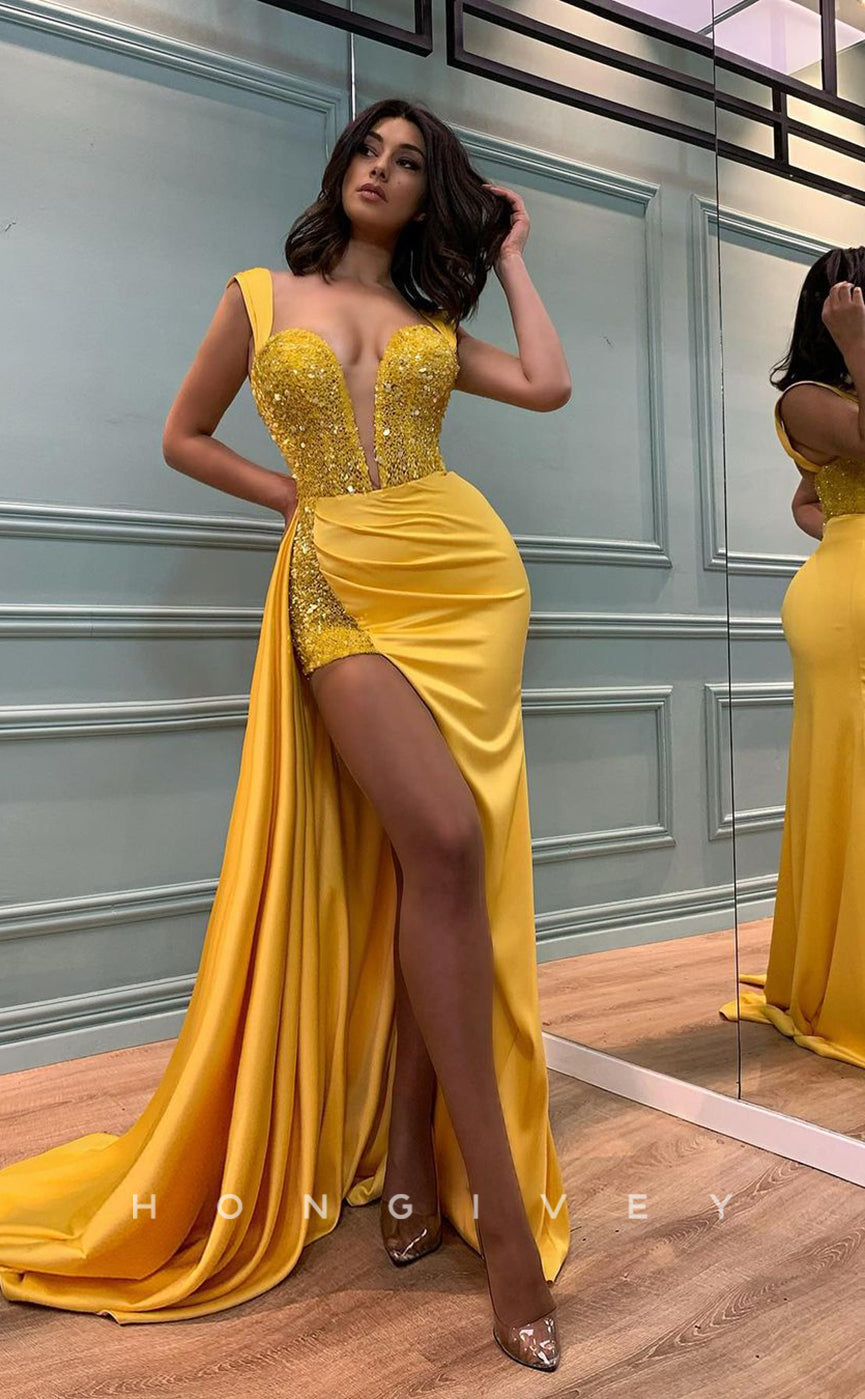 L0994 - Glitter Sequined Paneled Plunging Illusion With Train And Slit Prom Evening Party Formal Dress - Fashionpara