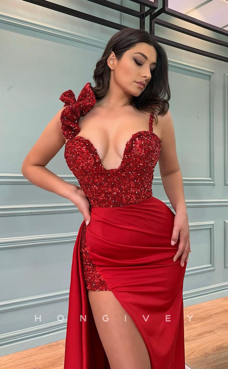 L0997 - Sparkly Asymmetrical Sequined Paneled With Train And Slit Prom Evening Party Formal Dress - Fashionpara