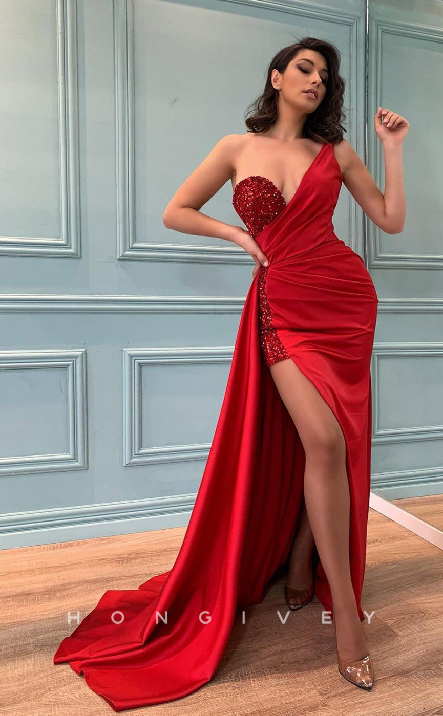 L0998 - Glitter Asymmetrical Sequined Paneled With Train And Slit  Evening Party Prom Formal Dress - Fashionpara