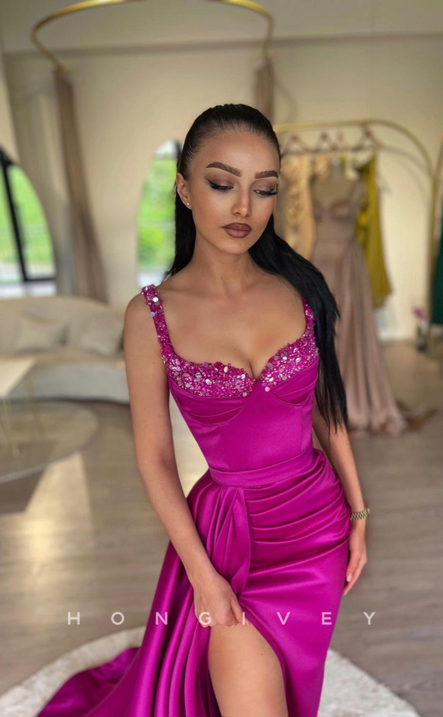 L1024 - Sequined Embellished Ruched With Train And Slit Evening Party Prom Formal Dress - Fashionpara
