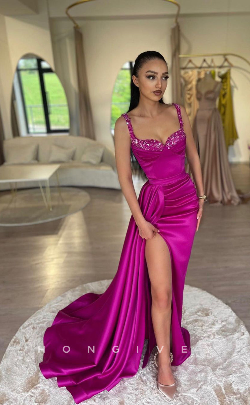 L1024 - Sequined Embellished Ruched With Train And Slit Evening Party Prom Formal Dress - Fashionpara