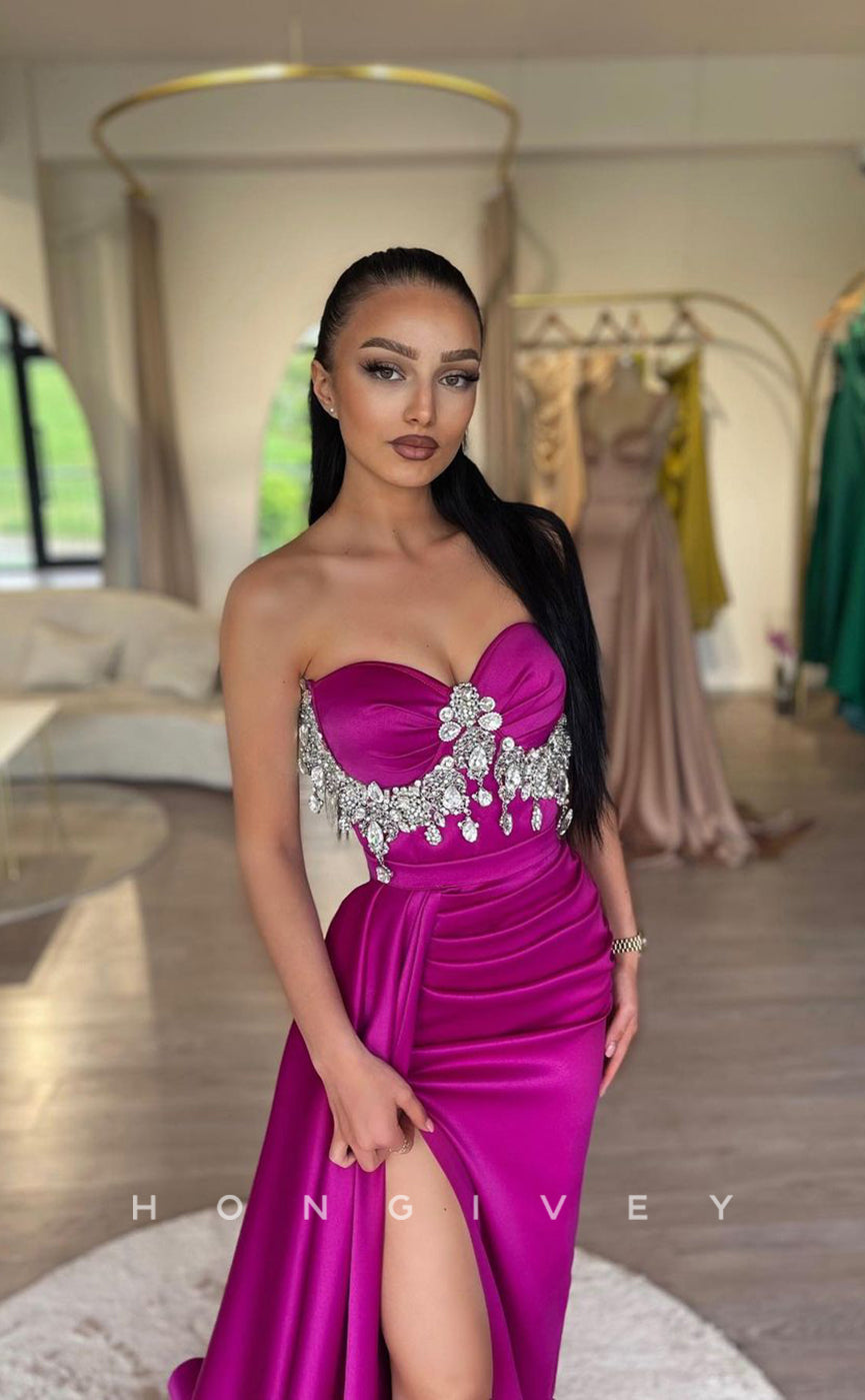 L1025 - Crystal Beaded Strapless Ruched With Train And Slit Evening Prom Formal Party Dress - Fashionpara