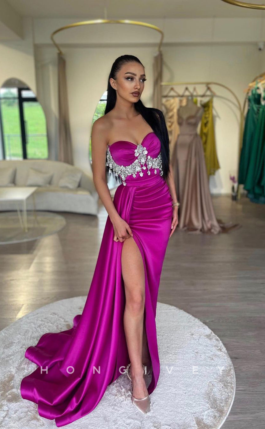 L1025 - Crystal Beaded Strapless Ruched With Train And Slit Evening Prom Formal Party Dress - Fashionpara