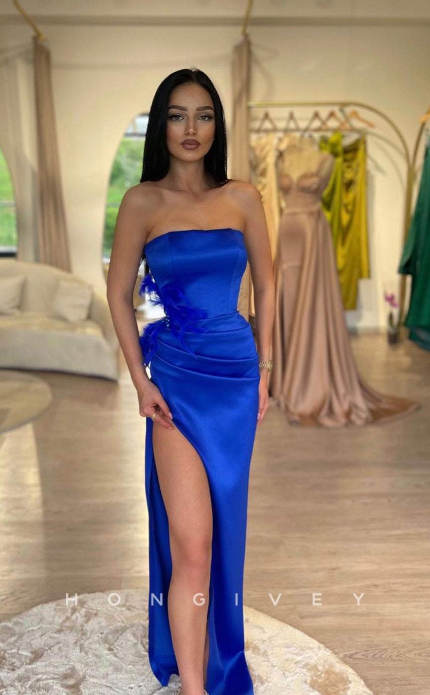 L1027 - Feathered Embellished Strapless With Train And Slit Evening Formal Party Prom Dress - Fashionpara