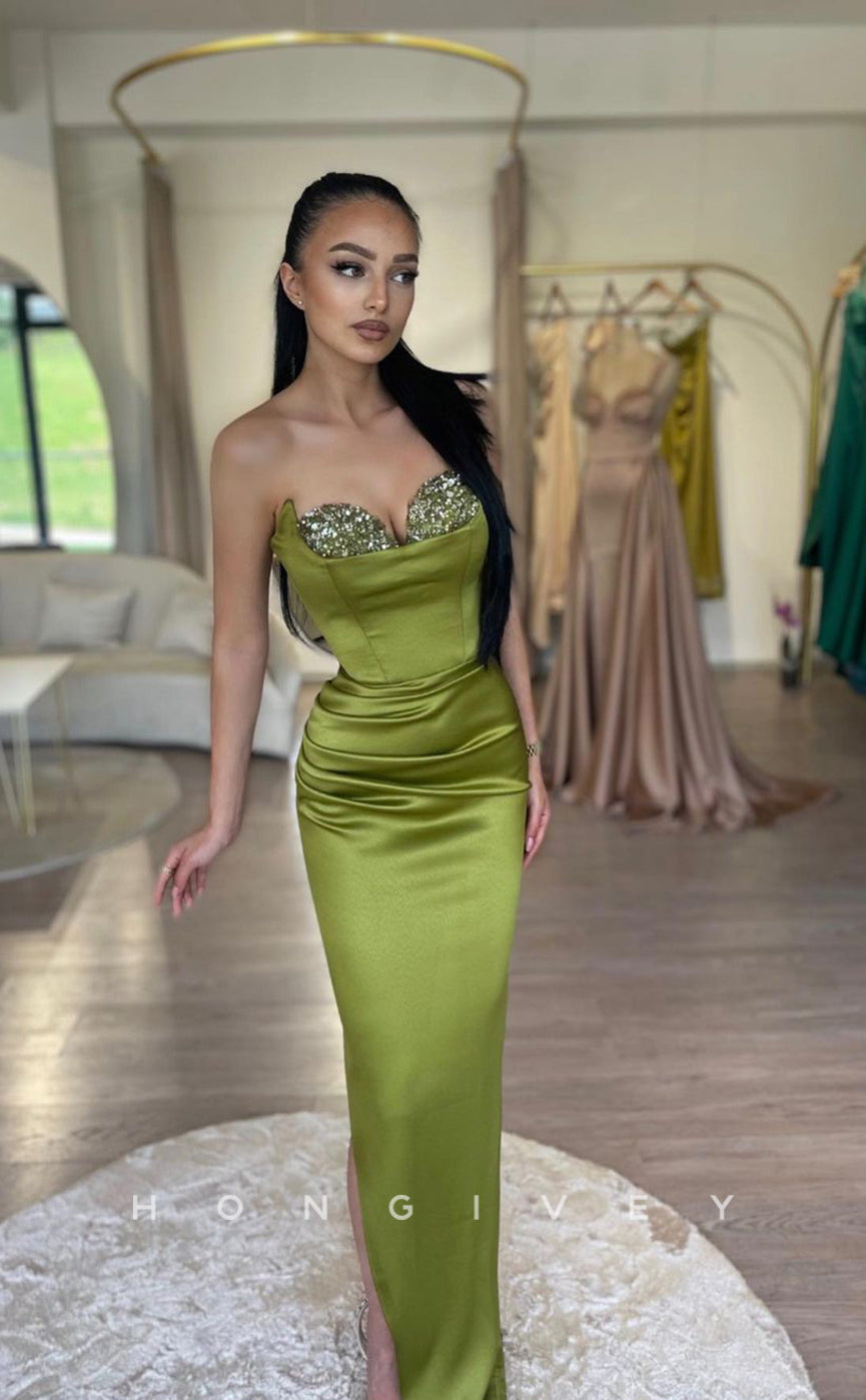 L1028 - Sequined Embellished Strapless With Train Formal Party Prom Evening Dress - Fashionpara