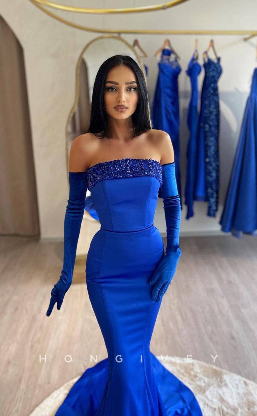 L1029 - Sequined Embellished Strapless Long Sleeve Trumpet With Train Evening Formal Party Prom Dress - Fashionpara
