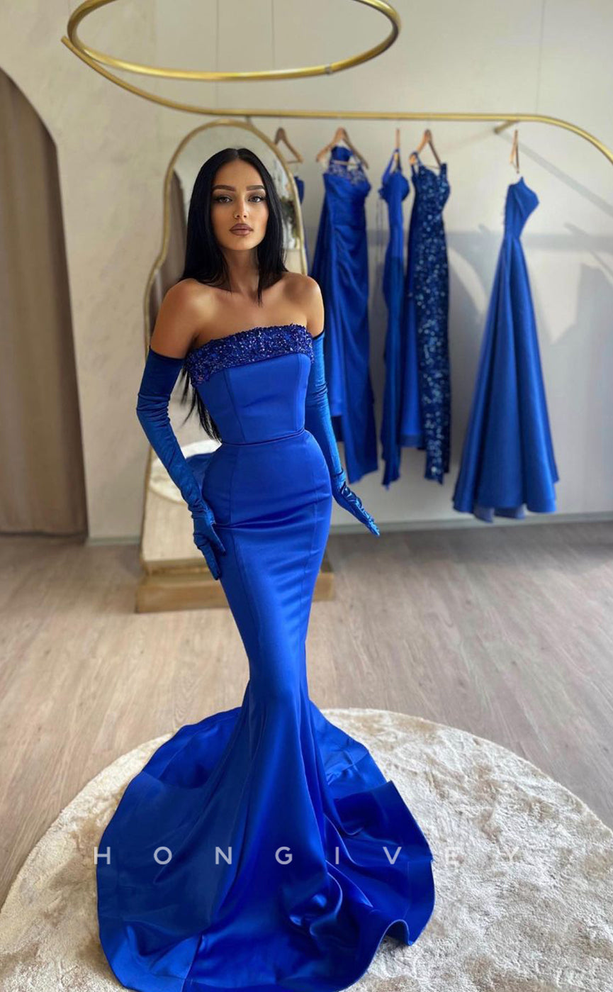 L1029 - Sequined Embellished Strapless Long Sleeve Trumpet With Train Evening Formal Party Prom Dress - Fashionpara