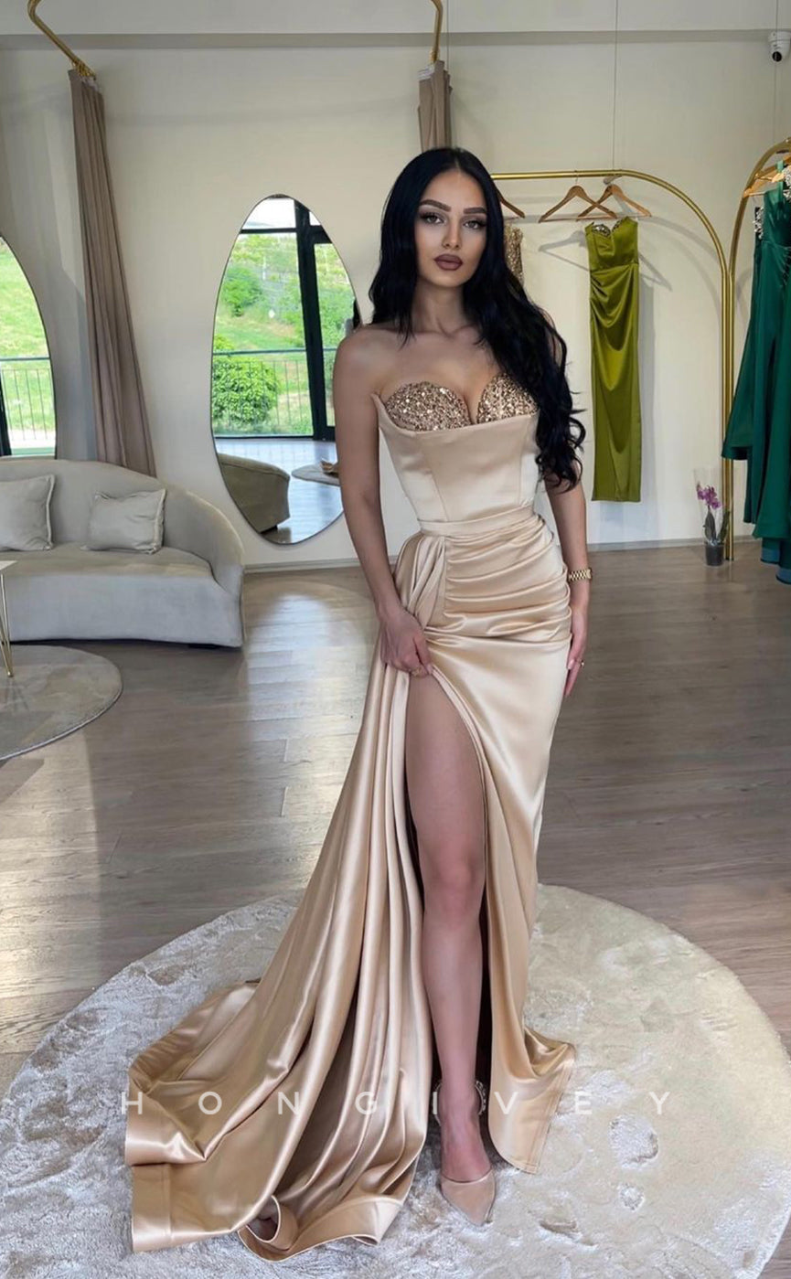 L1032 - Sequined Embellished Strapless With Train And Slit Evening Party Prom Formal Prom Dress - Fashionpara