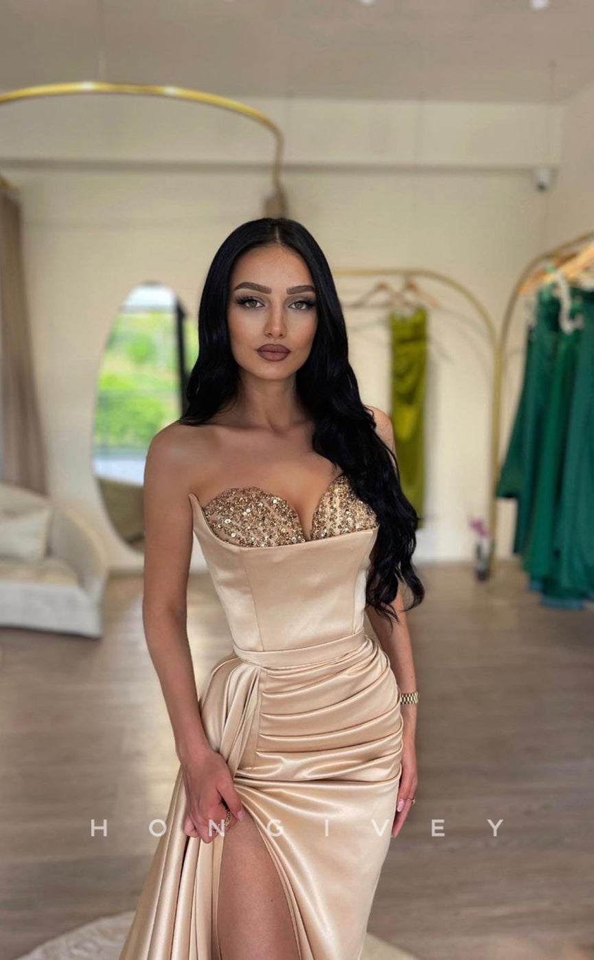 L1032 - Sequined Embellished Strapless With Train And Slit Evening Party Prom Formal Prom Dress - Fashionpara