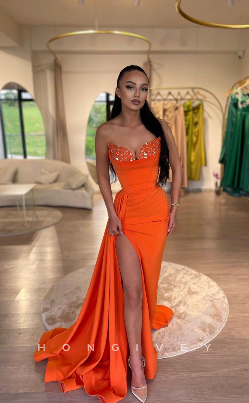 L1033 - Sexy Sequined Embellished Strapless With Train And Slit Evening  Prom Formal Prom Party Dress - Fashionpara