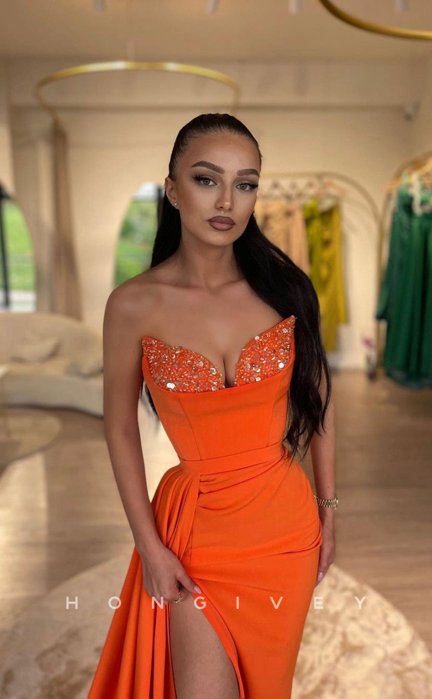 L1033 - Sexy Sequined Embellished Strapless With Train And Slit Evening  Prom Formal Prom Party Dress - Fashionpara