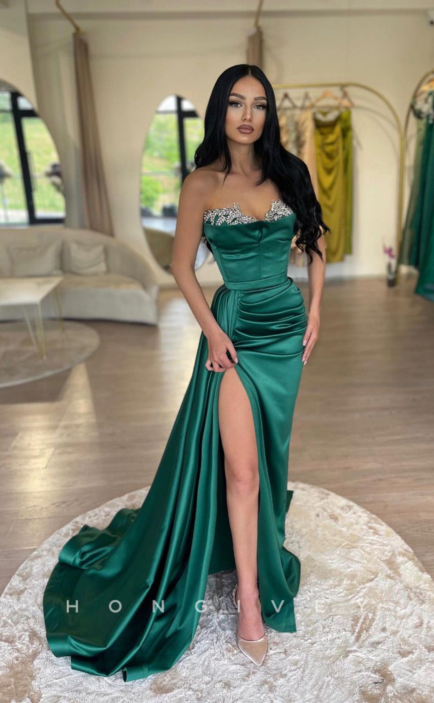 L1034 - Crystal Beaded Strapless Ruched With Train And Slit Evening  Prom Formal Prom Party Dress - Fashionpara