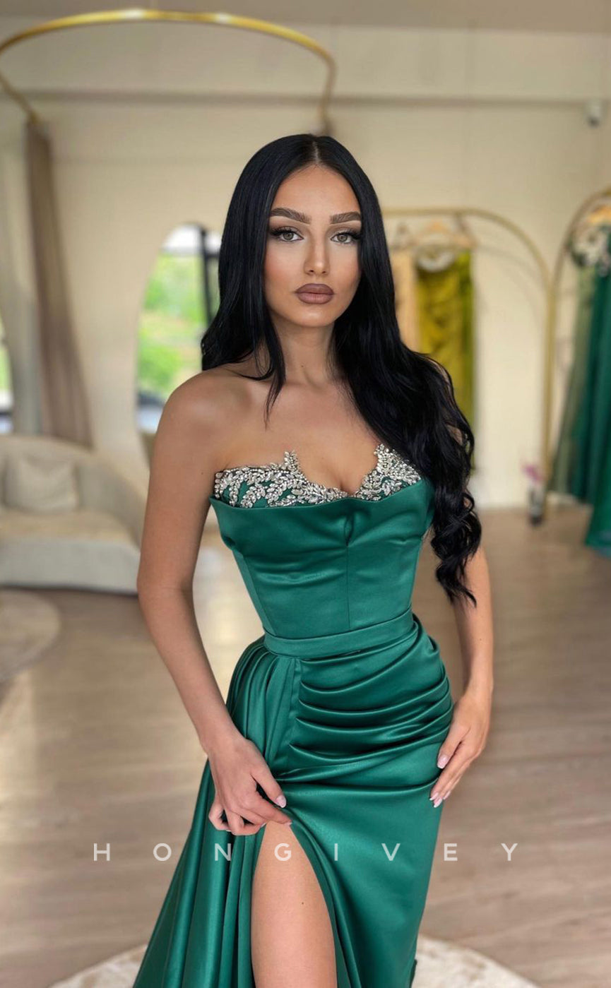 L1034 - Crystal Beaded Strapless Ruched With Train And Slit Evening  Prom Formal Prom Party Dress - Fashionpara