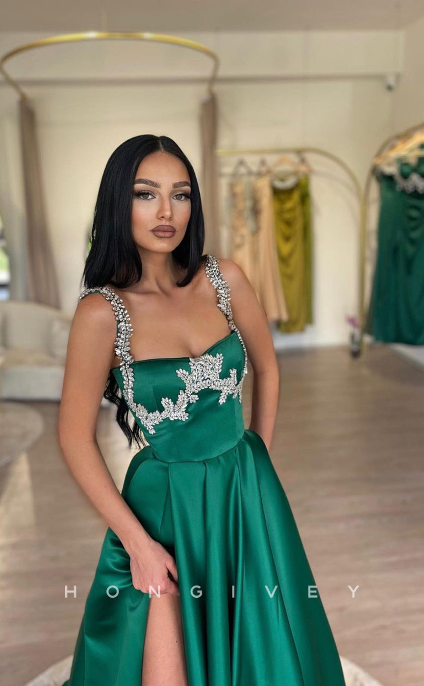 L1035 - Ornate Crystal Beaded Ruched With Train And Slit Evening Formal Party Prom Dress - Fashionpara