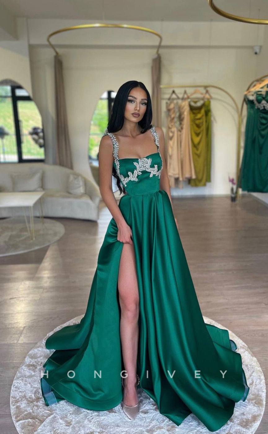 L1035 - Ornate Crystal Beaded Ruched With Train And Slit Evening Formal Party Prom Dress - Fashionpara