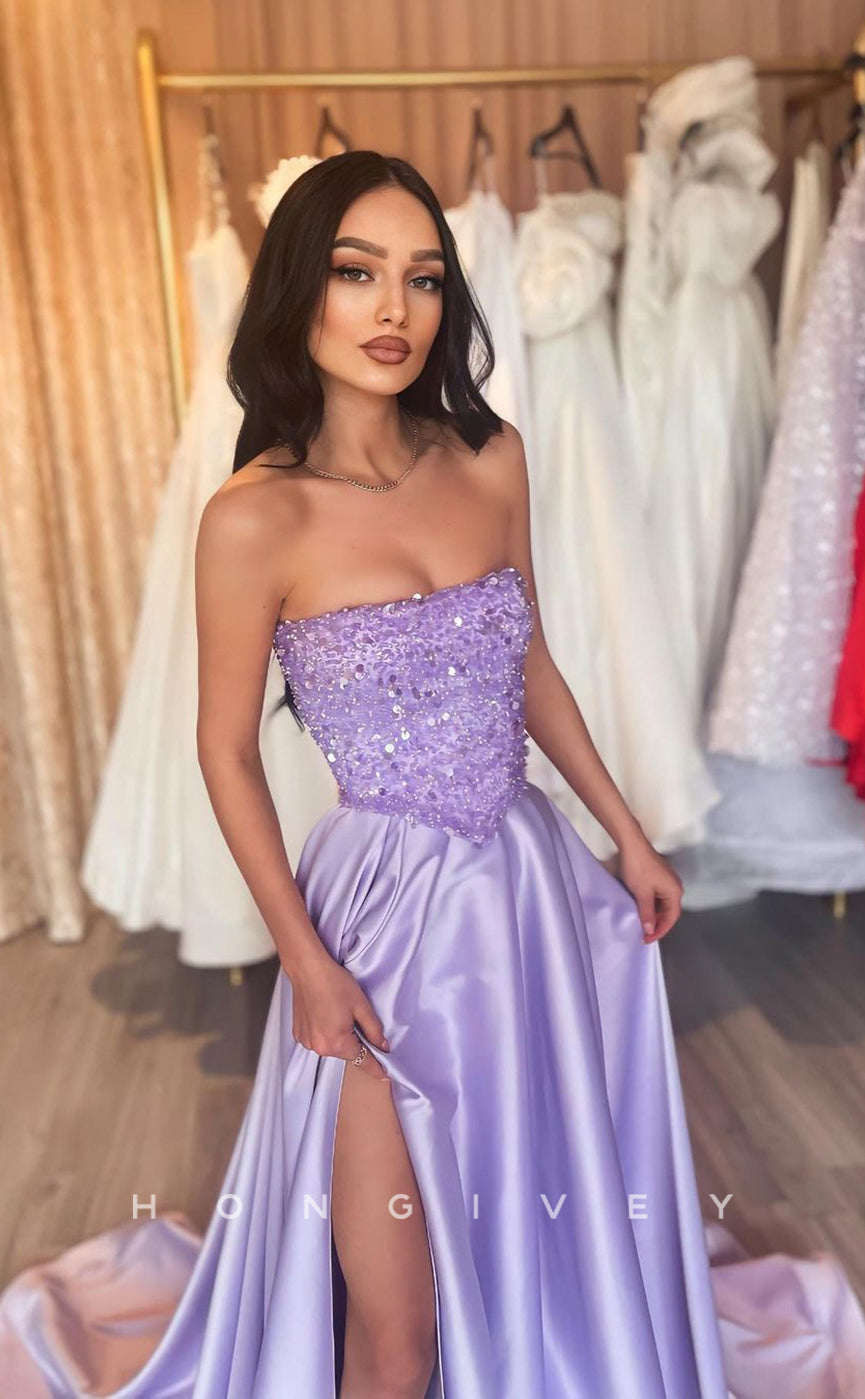 L1038 - Sequined Embellished Strapless Ruched With Train And Slit Party Formal Evening Prom Dress - Fashionpara