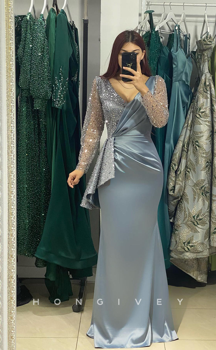 L1046 - Sparkly Beaded Embellished Long Sleeve With Train Party Formal Evening Prom Dress - Fashionpara