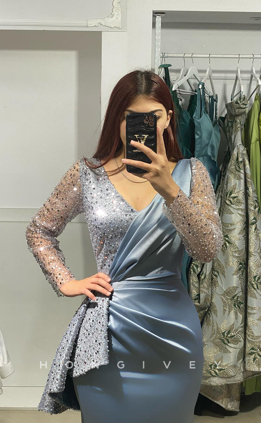 L1046 - Sparkly Beaded Embellished Long Sleeve With Train Party Formal Evening Prom Dress - Fashionpara