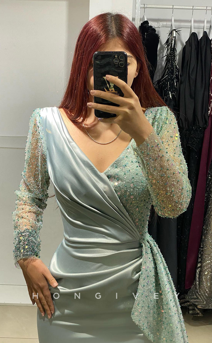 L1047 - Sparkly Sequined Beaded Embellished Long Sleeve With Train Party Formal Evening Prom Dress - Fashionpara