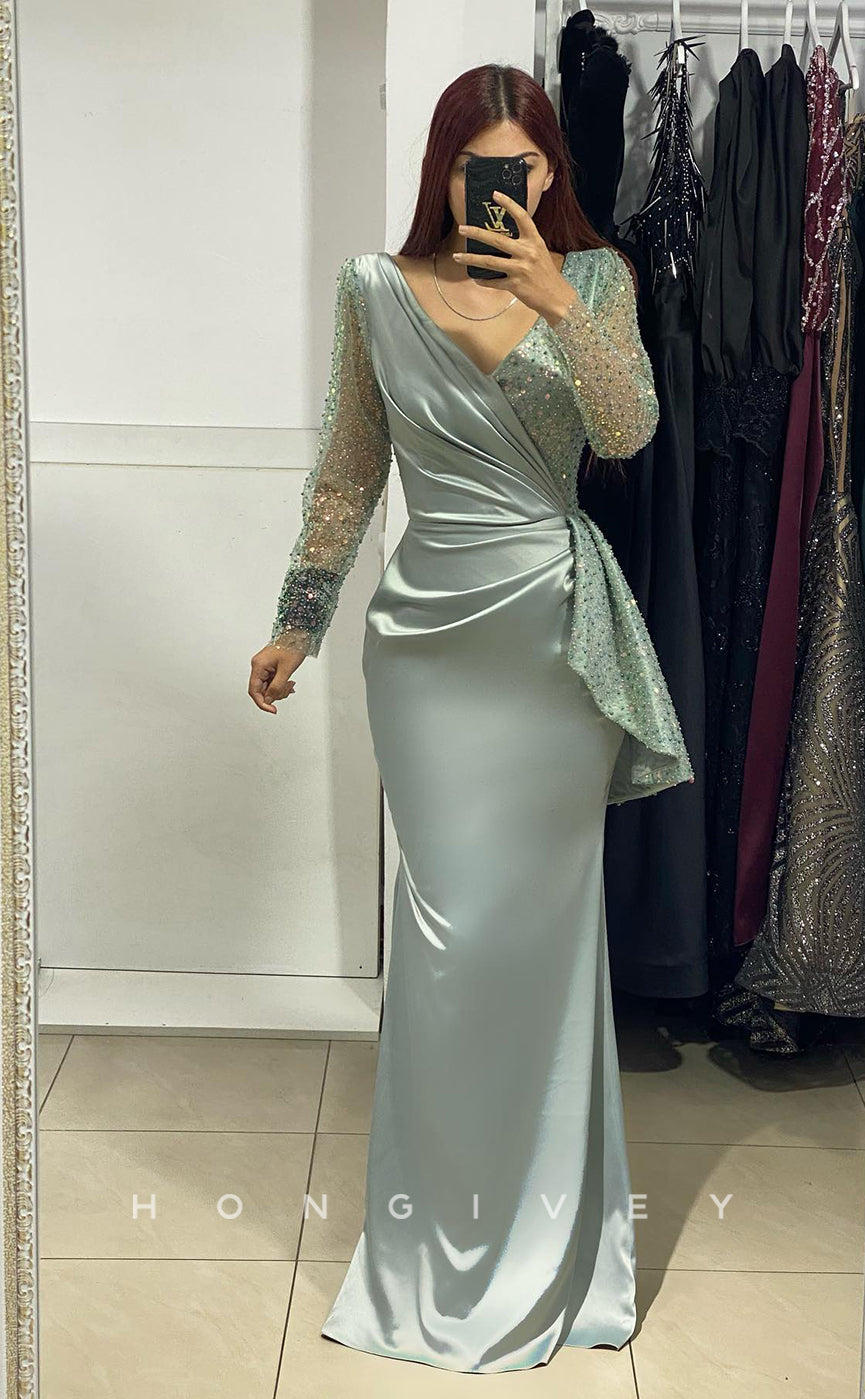 L1047 - Sparkly Sequined Beaded Embellished Long Sleeve With Train Party Formal Evening Prom Dress - Fashionpara
