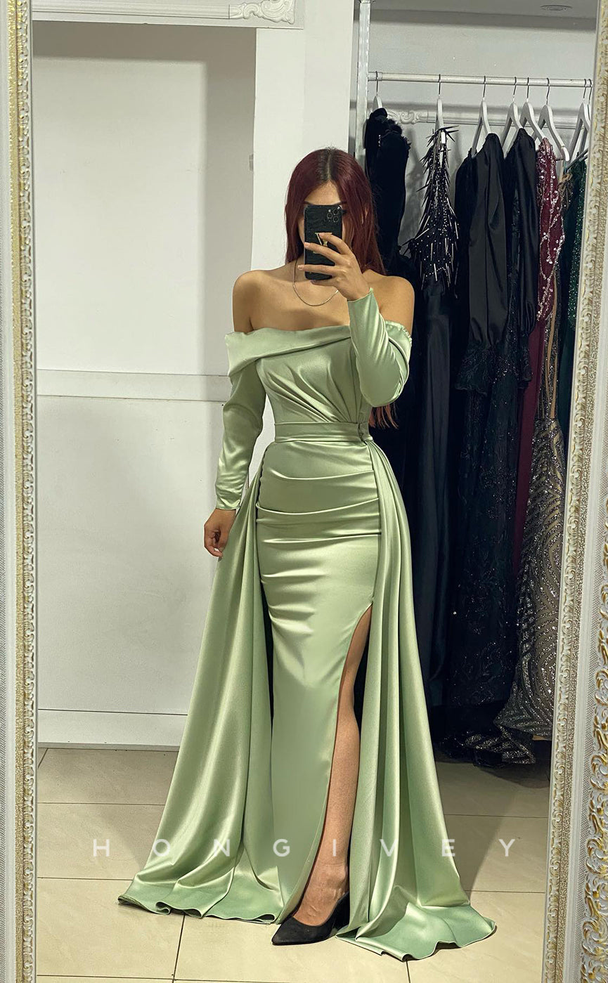 L1048 - Simple Off-Shoudler Long Sleeve With Train And Slit Party Formal Evening Prom Dress - Fashionpara