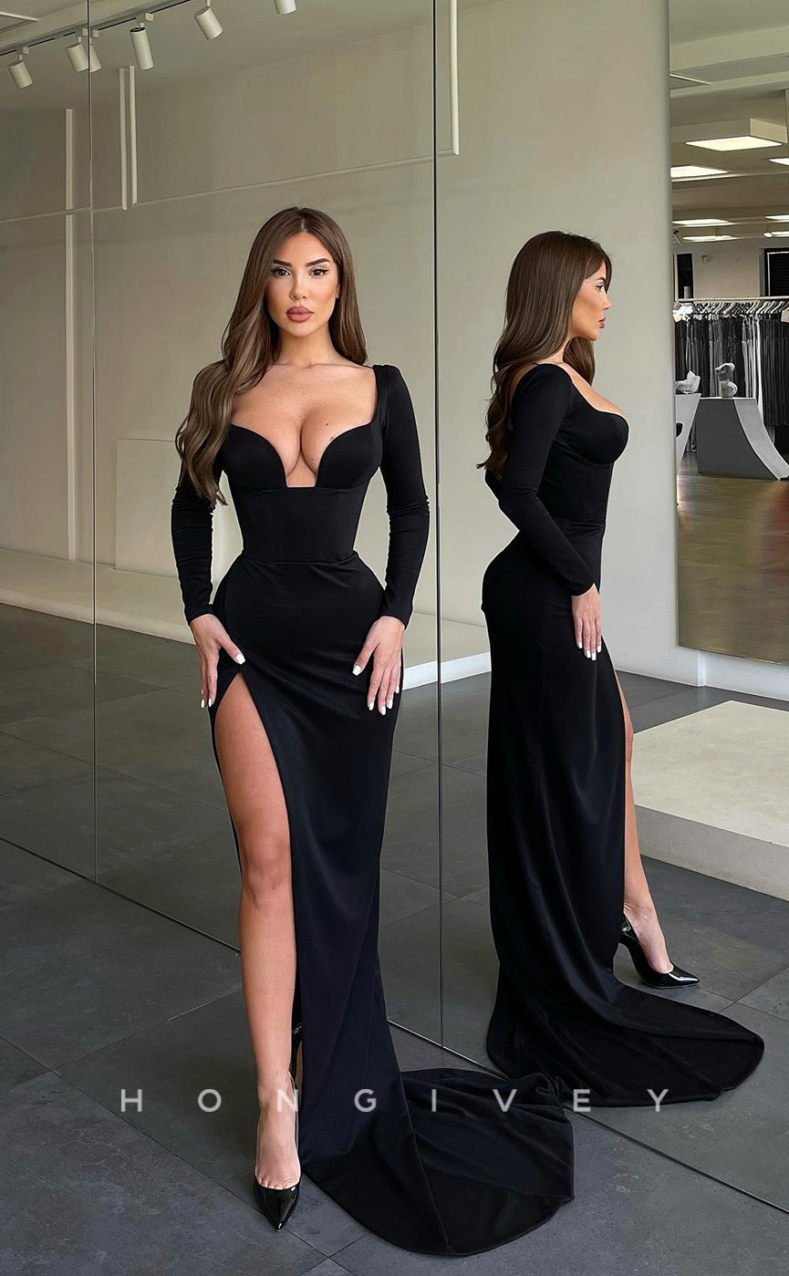 L1052 - Simple Sexy Long Sleeves With Train And Slit Party Prom Formal Evening Dress - Fashionpara
