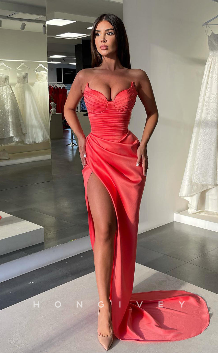 L1057 - Simple Strapless Ruched With Train And Slit Evening Party Prom Formal Dress - Fashionpara