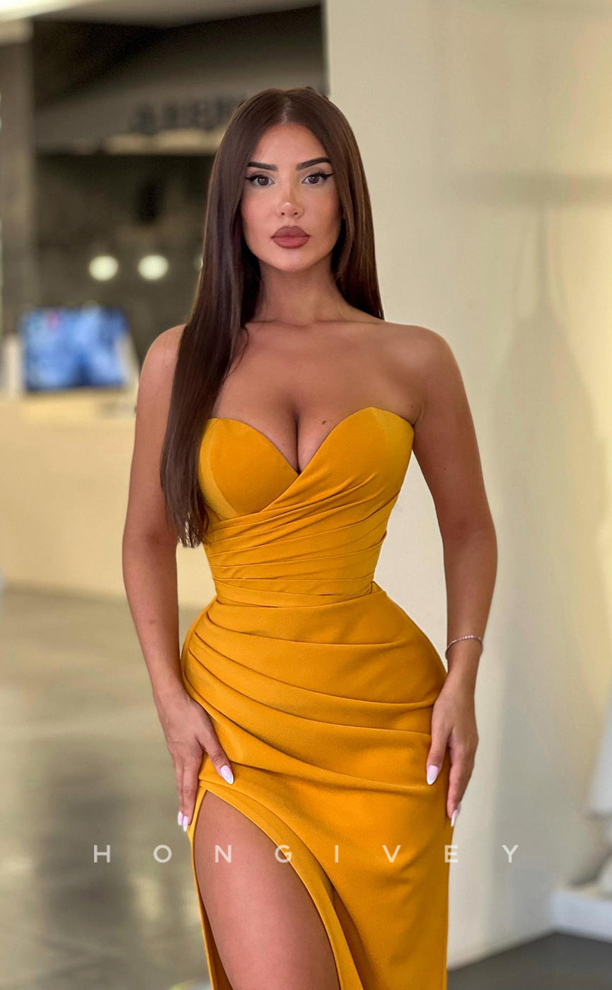 L1058 - Simple Sexy Strapless Ruched With Train And Slit Evening Formal Party Prom Dress - Fashionpara