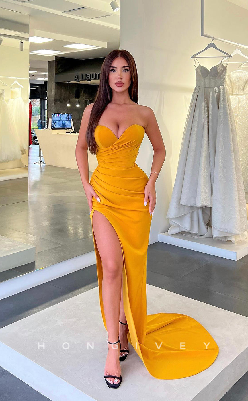 L1058 - Simple Sexy Strapless Ruched With Train And Slit Evening Formal Party Prom Dress - Fashionpara