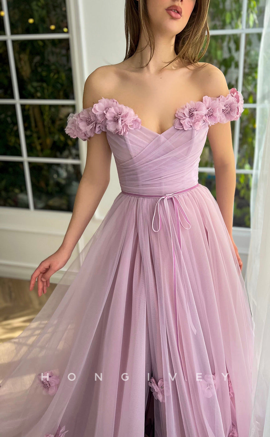 L1070 - Sweet Floral Embossed Lace-Up Back With Train And Slit Party Prom Evening Formal Dress - Fashionpara
