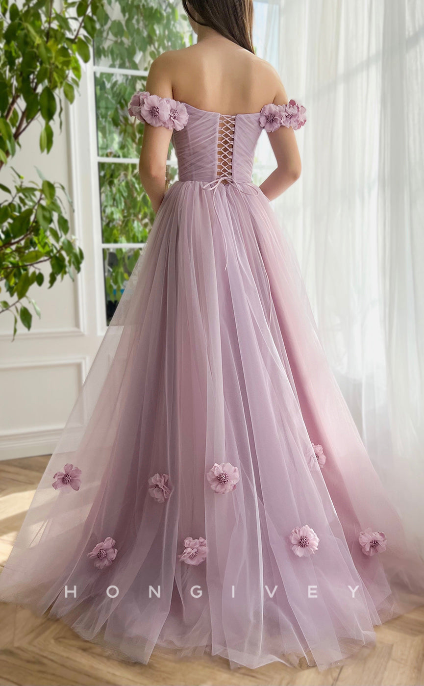 L1070 - Sweet Floral Embossed Lace-Up Back With Train And Slit Party Prom Evening Formal Dress - Fashionpara