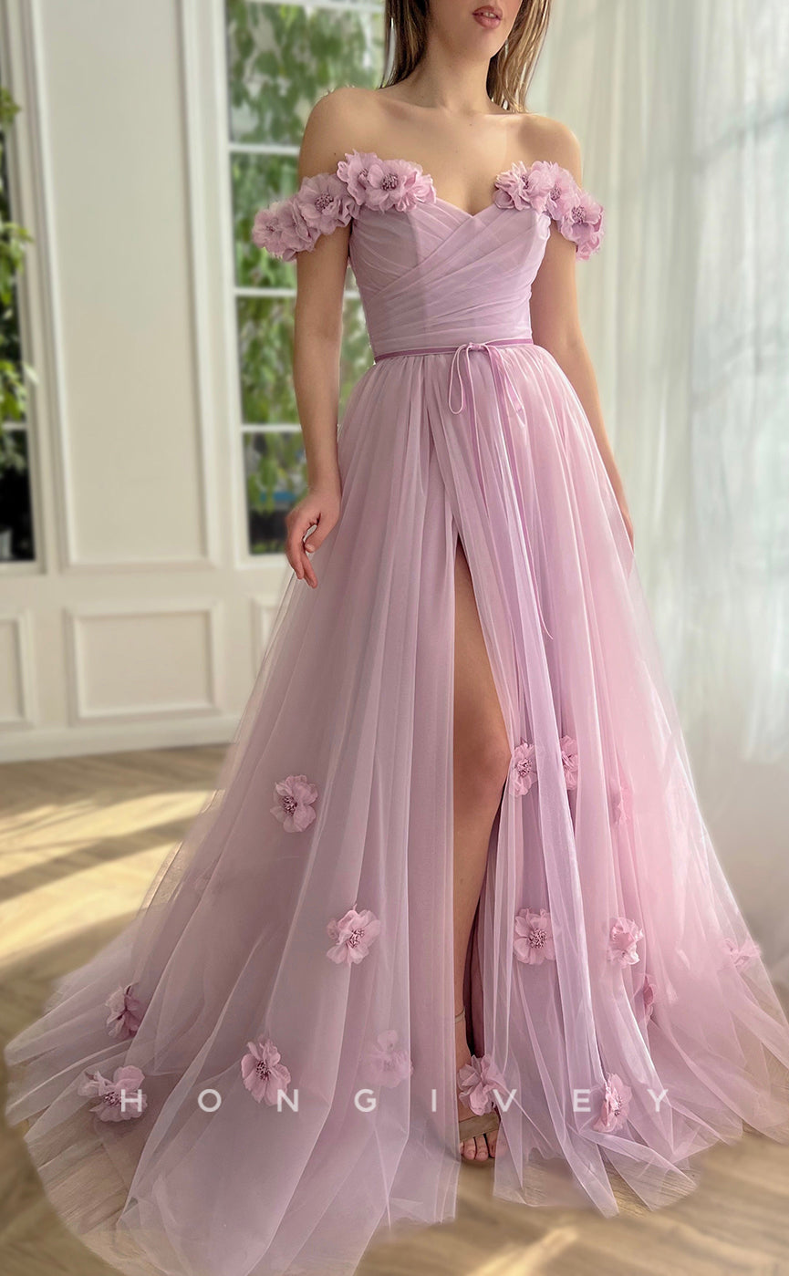 L1070 - Sweet Floral Embossed Lace-Up Back With Train And Slit Party Prom Evening Formal Dress - Fashionpara