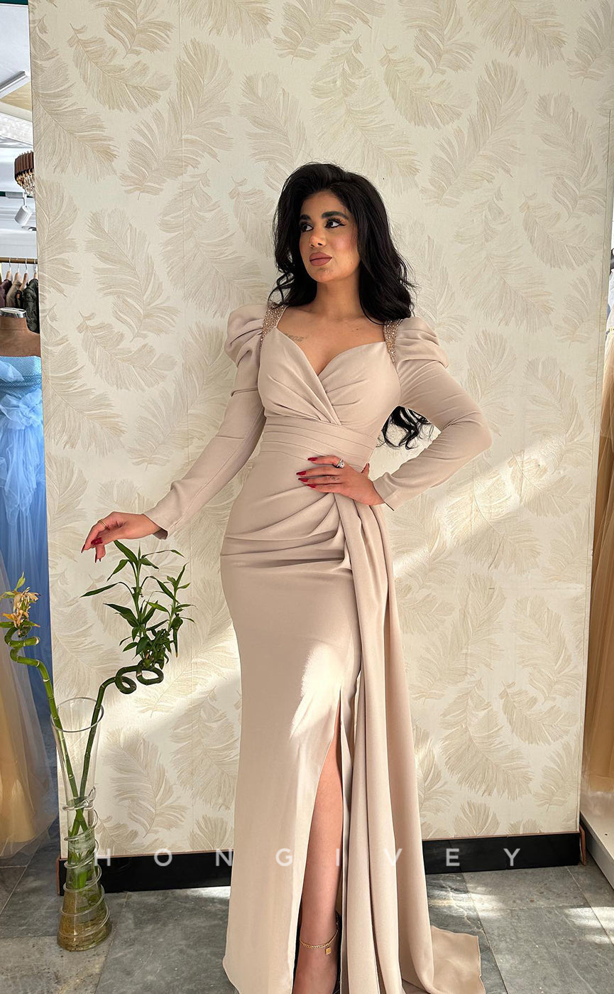 L1079 - Crystal Beaded Long Sleeves Mermaid With Train And Slit  Evening Party Prom Formal Dress - Fashionpara